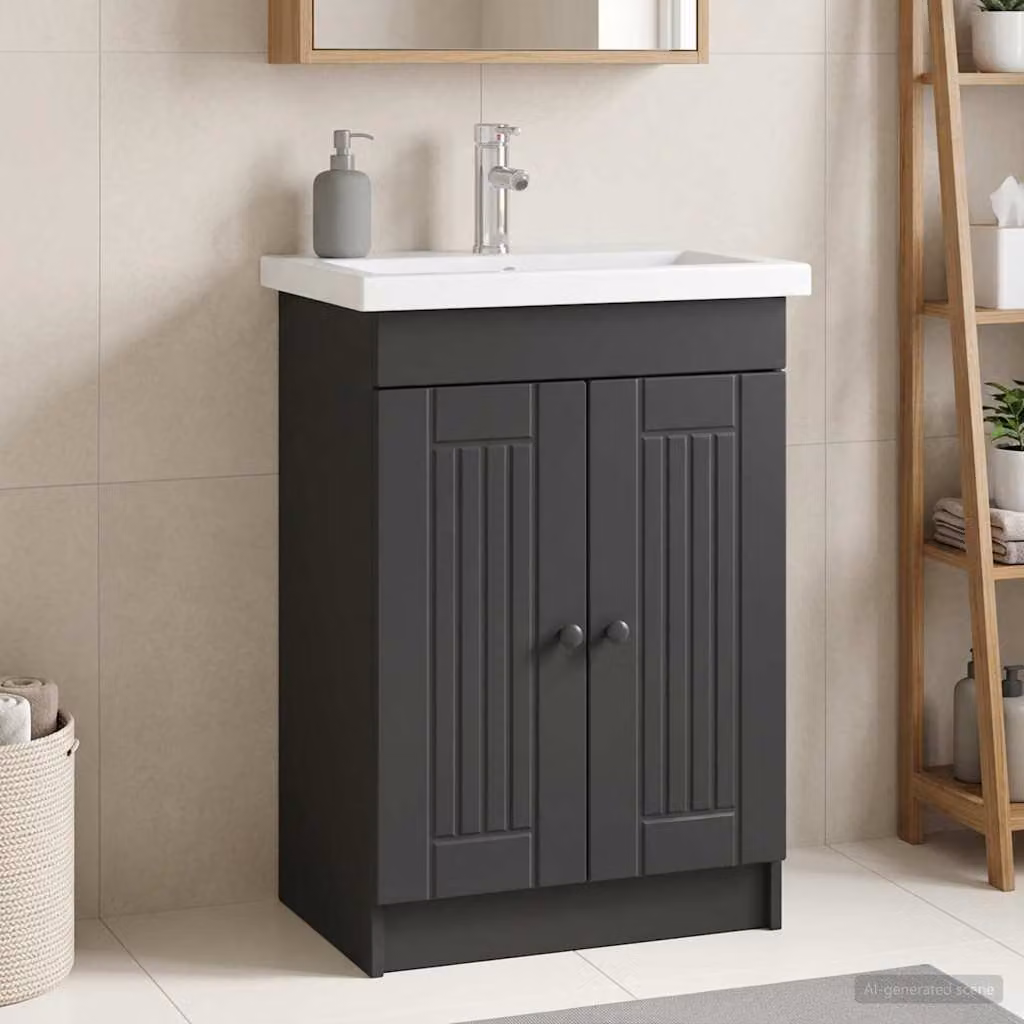 Mobiletto da bagno moderno vidaXL con ante a cerniera, colore nero, L: 56 cm, P: 37,5 cm, H: 81 cm