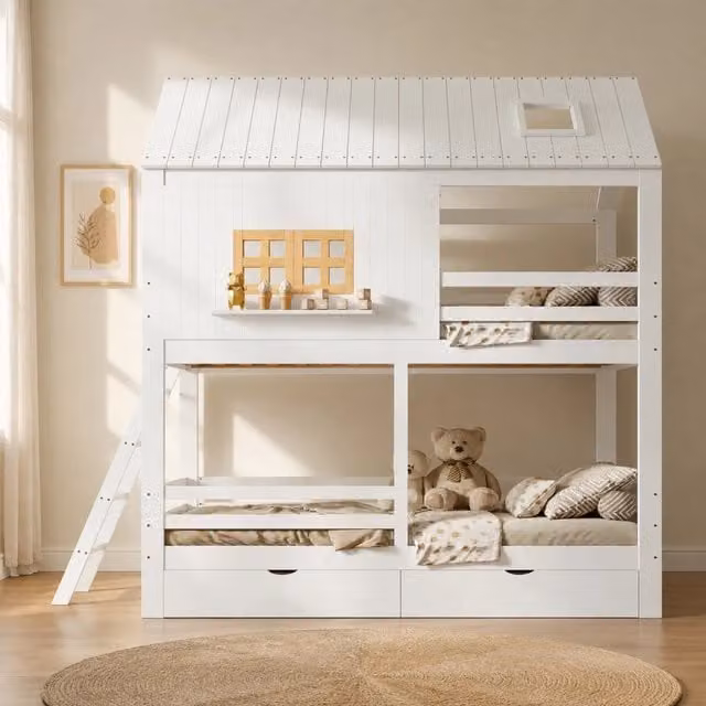 Letto a castello ULEVR 90x200 cm con tetto, finestre, scala e 2 cassetti, bianco e naturale