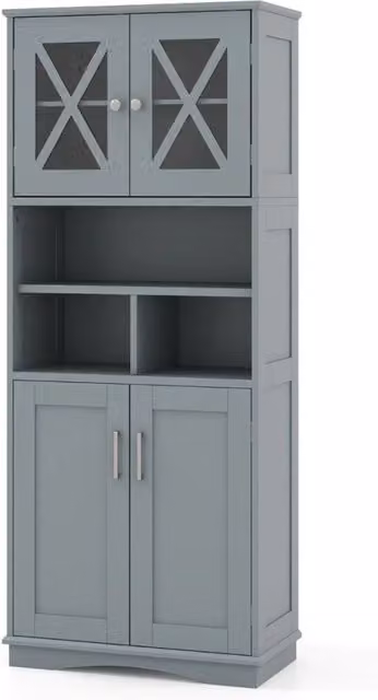 Mobiletto da bagno moderno in MDF grigio opaco con ante in vetro e ripiani interni L: 60 cm, P: 30 cm, H: 145 cm