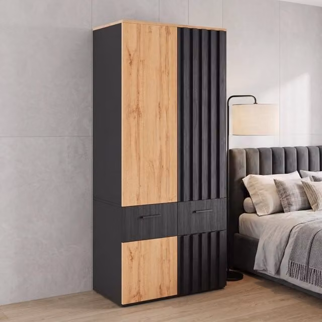 Armadio con appendiabiti, 2 cassetti e 2 ripiani, finitura a doghe per camera da letto, in MDF, 90×50×200 cm