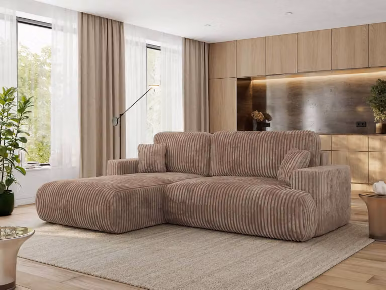MKS MEBLE divano angolare OVO con funzione letto e box letto, velluto a coste marrone, divano a L, divano angolare a 4 posti, 271x195x95 cm - lato sinistro