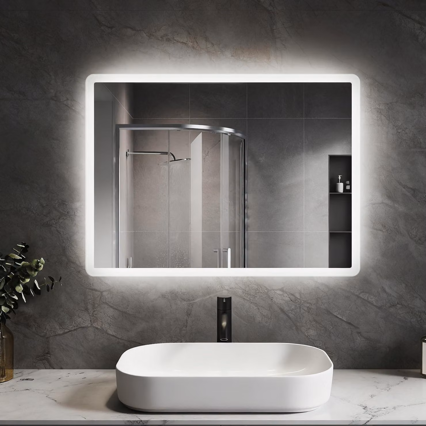 Specchio da bagno a LED, 60x50 cm, vetro argentato da 4 mm, cornice in alluminio, temperatura di colore 6400 K