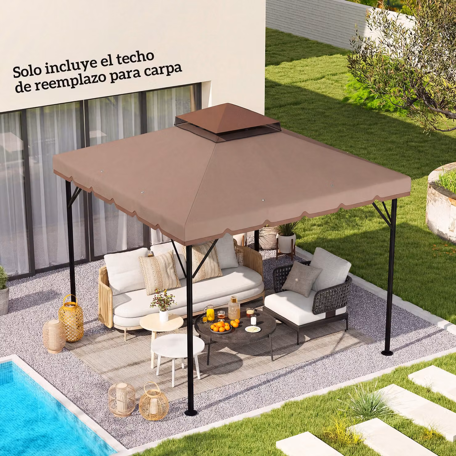 Telo di ricambio Outsunny beige con doppio tetto, fori di drenaggio e protezione UPF 50+, dimensioni 3x3 m – 2
