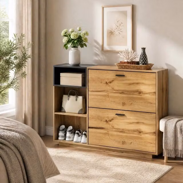 Scarpiera moderna in MDF con 3 vani aperti e 2 vani a ribalta, colore nero e beige, L 120 x P 32 x H 84,5 cm
