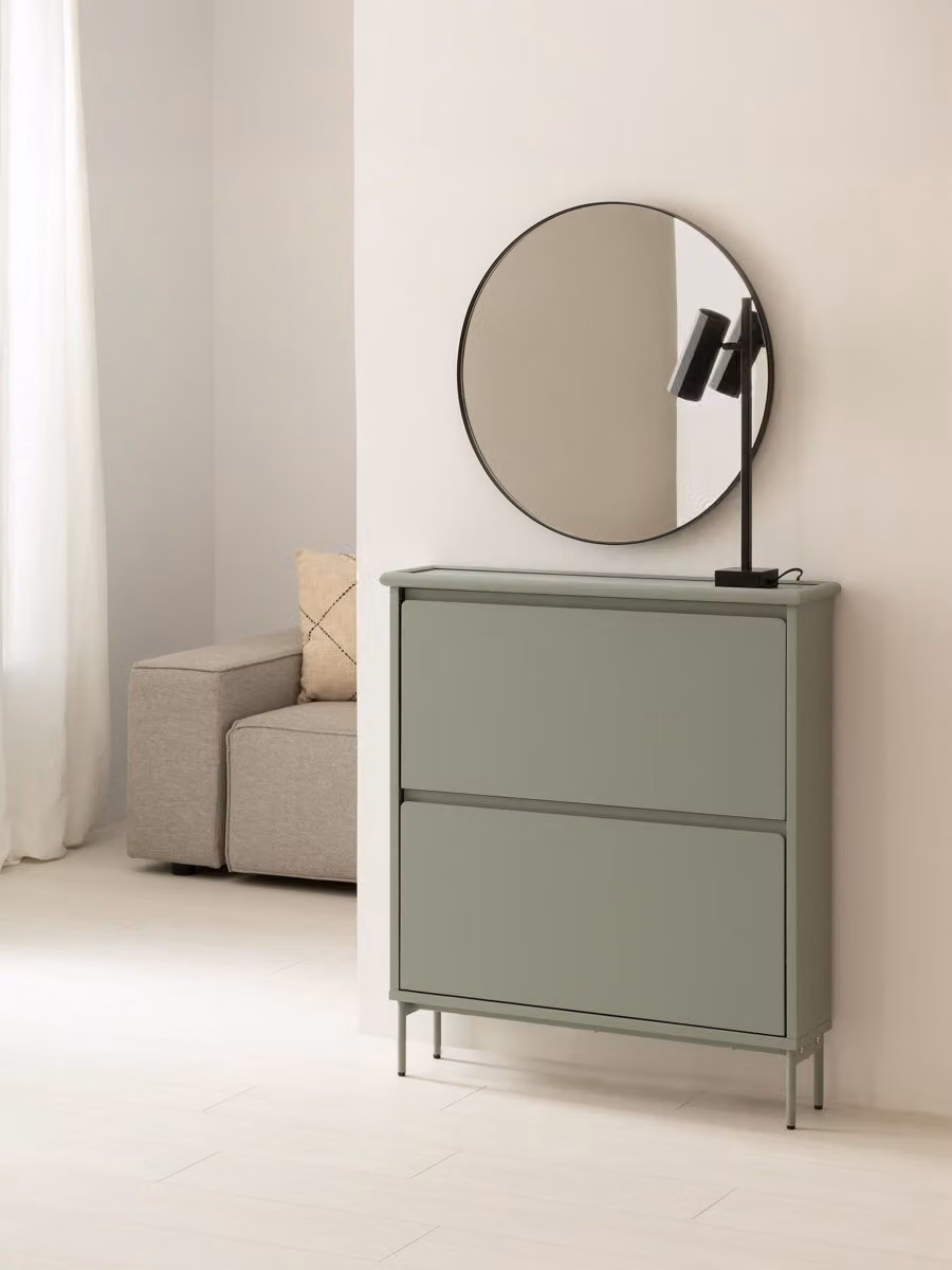Scarpiera moderna Kuma Kenay Home verde in MDF laccato con ante a ribalta e ripiani interni