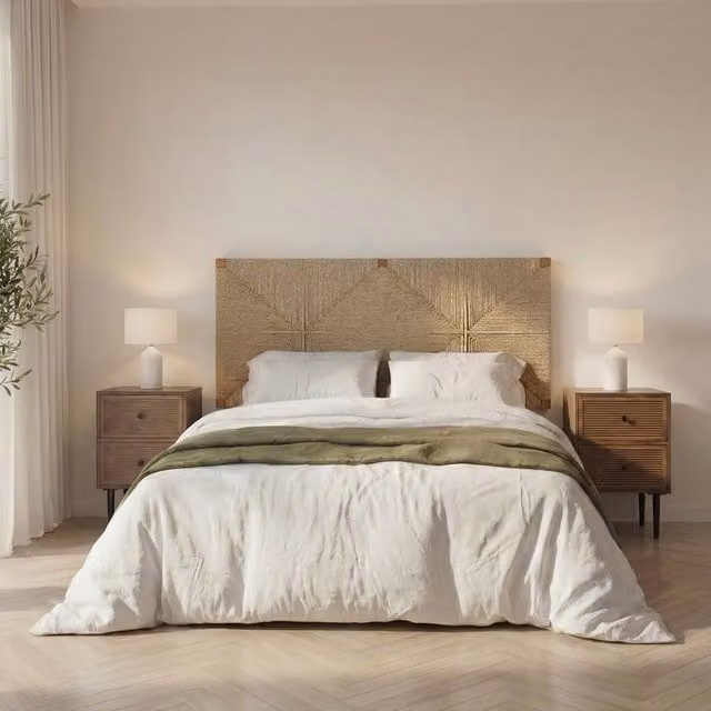 Testiera Agade Banak in legno massiccio di mango e corda marrone per letto in stile boho per camera da letto degli adulti