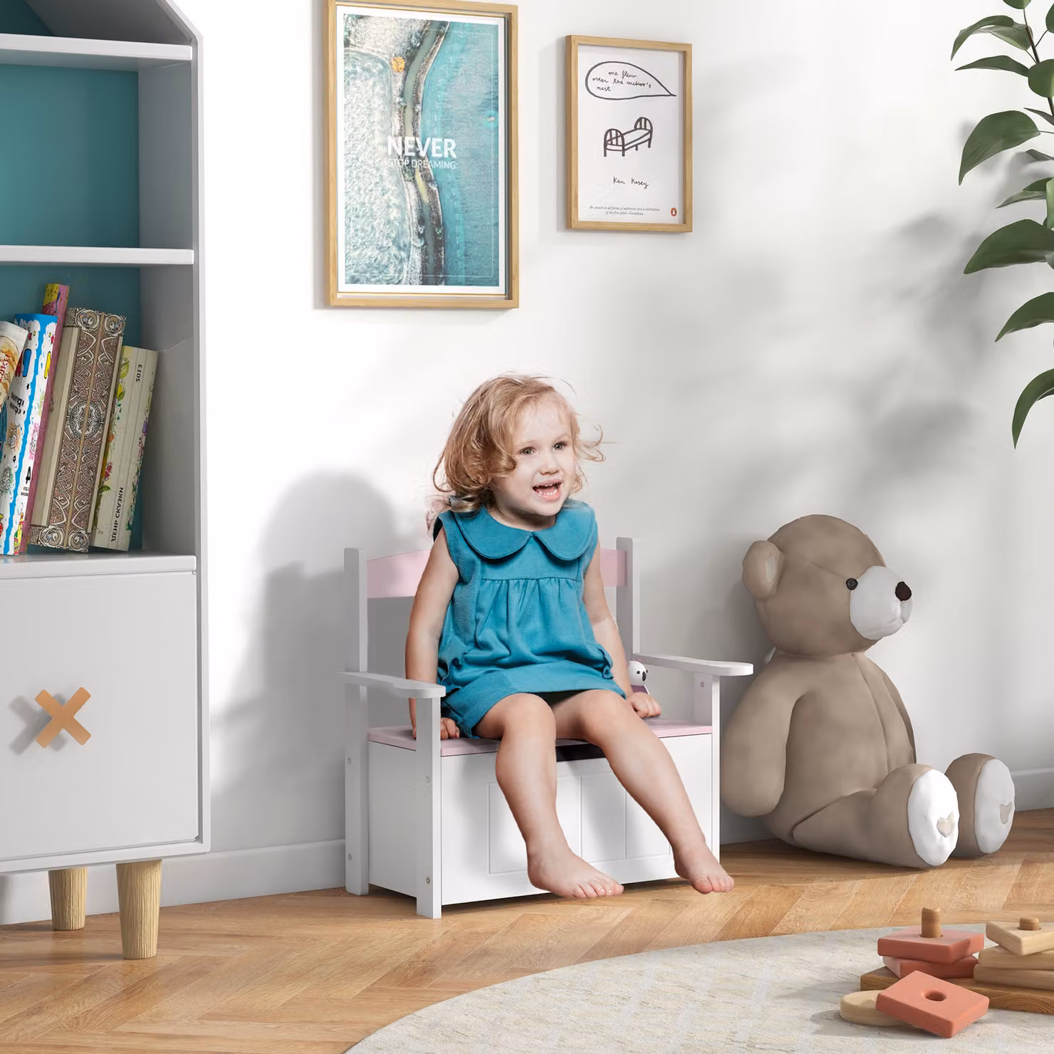 AIYAPLAY Panca contenitore per bambini con schienale e chiusura soft, L: 68,5 cm, P: 34 cm, H: 58 cm, Rosa/Bianco – 2