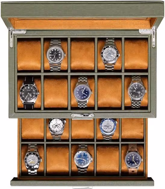 Cassettiere in legno con 20 contenitori, orologeria in stile lussuoso, organizzatore di gioielli, cassetta orologeria chiusa con coperchio in vetro di grandi dimensioni, orologeria per uomo e donna
