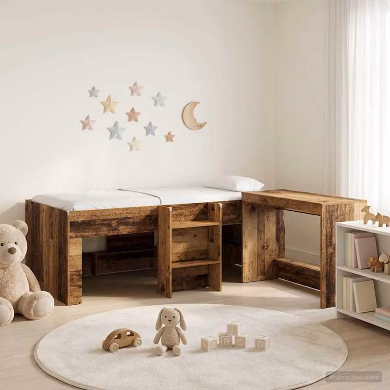 Letto a soppalco esclusivo con scrivania per bambini, realizzato con legno di recupero, disponibile in confezione doppia