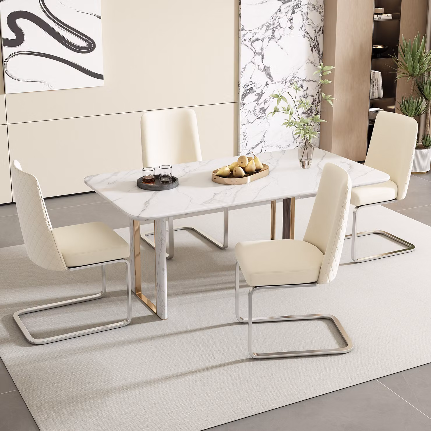 Set di 4 sedie a sbalzo Flieks, sedie per sala da pranzo con gambe in metallo argentato, sedie imbottite con rivestimento in velluto, sedie da cucina sedia da soggiorno, beige