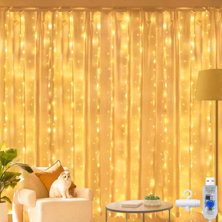 Tenda luminosa a LED, dimensioni 2x2 metri, 200 LED, luce bianco caldo, alimentazione USB, grado di protezione IP44