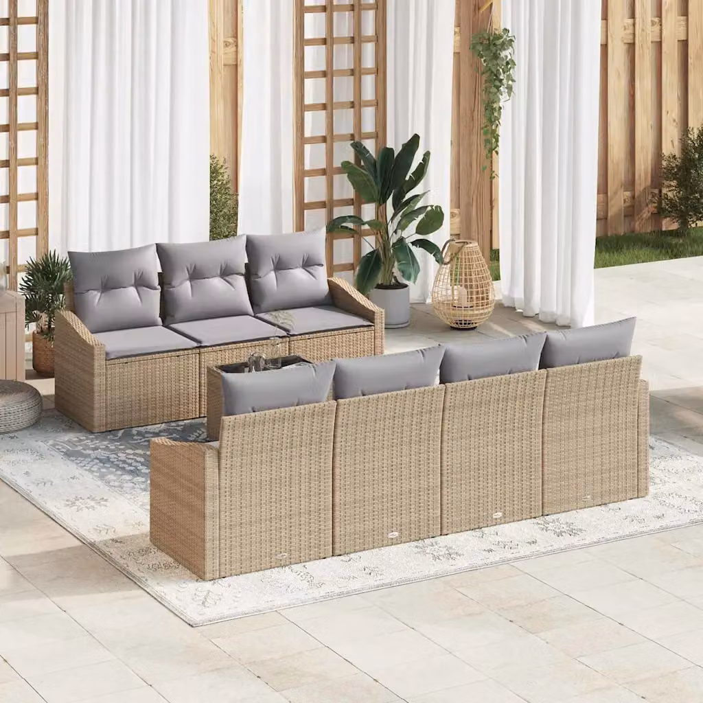Set di divani da giardino vidaXL 8 pezzi in rattan con struttura in metallo e cuscini, Beige e Grigio