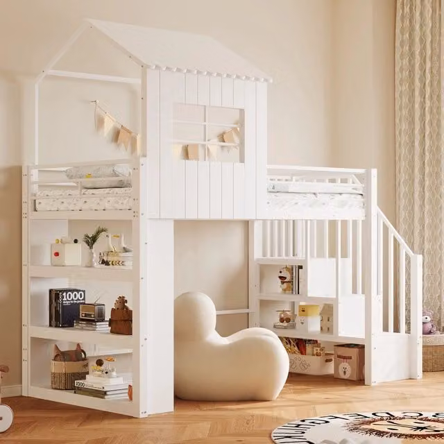 Letto a castello singolo - Zephmum- 90¡Á200 cm- Bianco- Casa design, griglia di sicurezza, scala regolabile