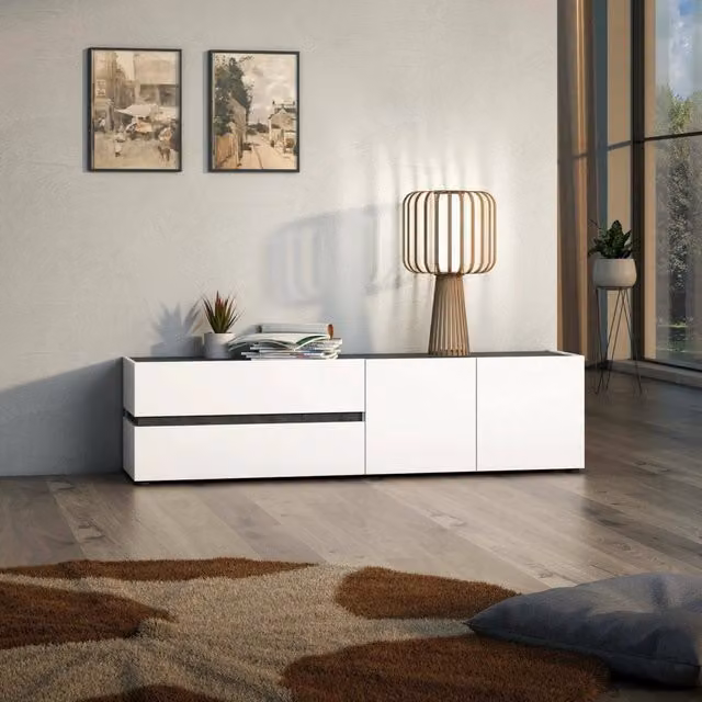 Basico, Mobile Porta tv 2 Cassetti Made in Italy, 180x47x42.6h cm Bianco Lucido