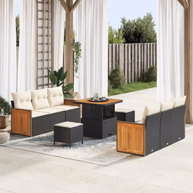 vidaXL Set Divano da Giardino a L con 11 Pezzi, 8 Posti, Nero e Beige con Cuscini e Tavolino da Esterno