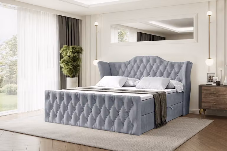 Letto boxspring ALTDECOR VILA-Z, letto imbottito con testiera, contenitore e pediera - Materasso di media rigidità (H3) - 120x200 - Grigio velluto