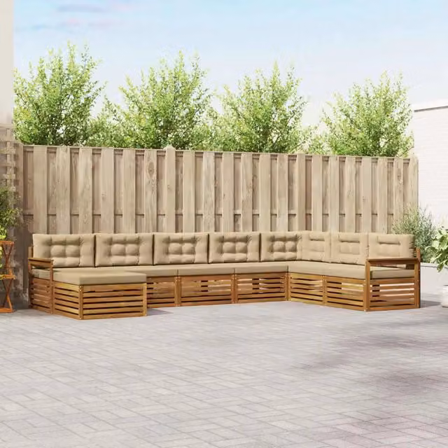 Set di divani da esterno vidaXL a forma di L composto da 8 pezzi in legno di acacia con cuscini in tessuto beige e sabbia