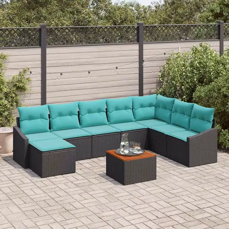 Set Divano da Giardino vidaXL 9 pz a forma di U in Polyrattan Nero con Cuscini Turchesi e Tavolino da Caffè