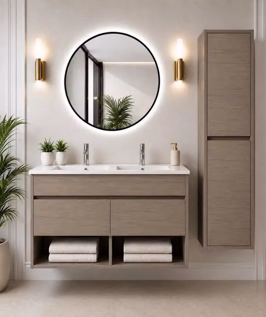 Mobile bagno sospeso con lavabo ORIGENBATH NEBARI con ante con colonna 120x45 cm doppio lavabo rovere smoky con colonna