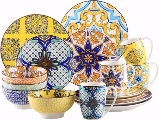 Servizio da Tavola in Ceramica Porseleina 16 Pezzi con Disegno di Jasmin - Piatti da Cucina - Set di Piatti e Tazze - Colorato e Sostenibile - Resistente a Lavastoviglie e Microonde