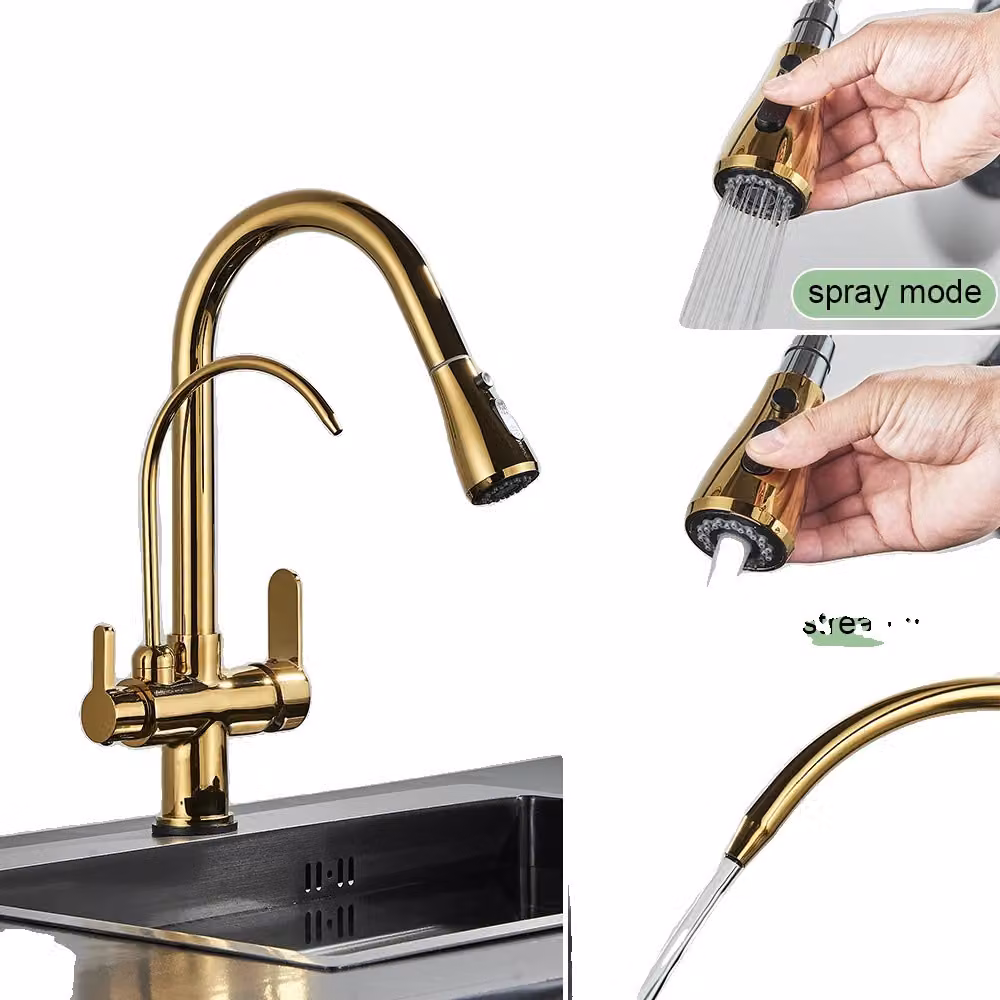 Rubinetto da cucina antico, design estraibile, doppia maniglia, oro