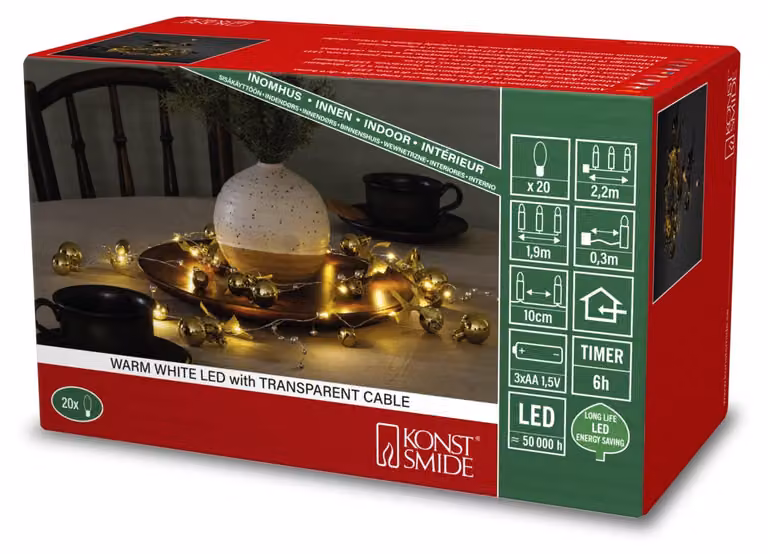 Catena luminosa a LED con perline, 20 LED bianco caldo, con timer, alimentata a batteria
