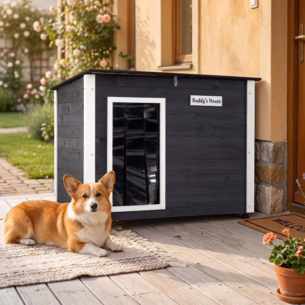 Cuccia in legno per cani e gatti con tetto inclinato apribile e piedini antiscivolo, resistente alle intemperie e ideale per giardino, balcone o terrazzo – 2