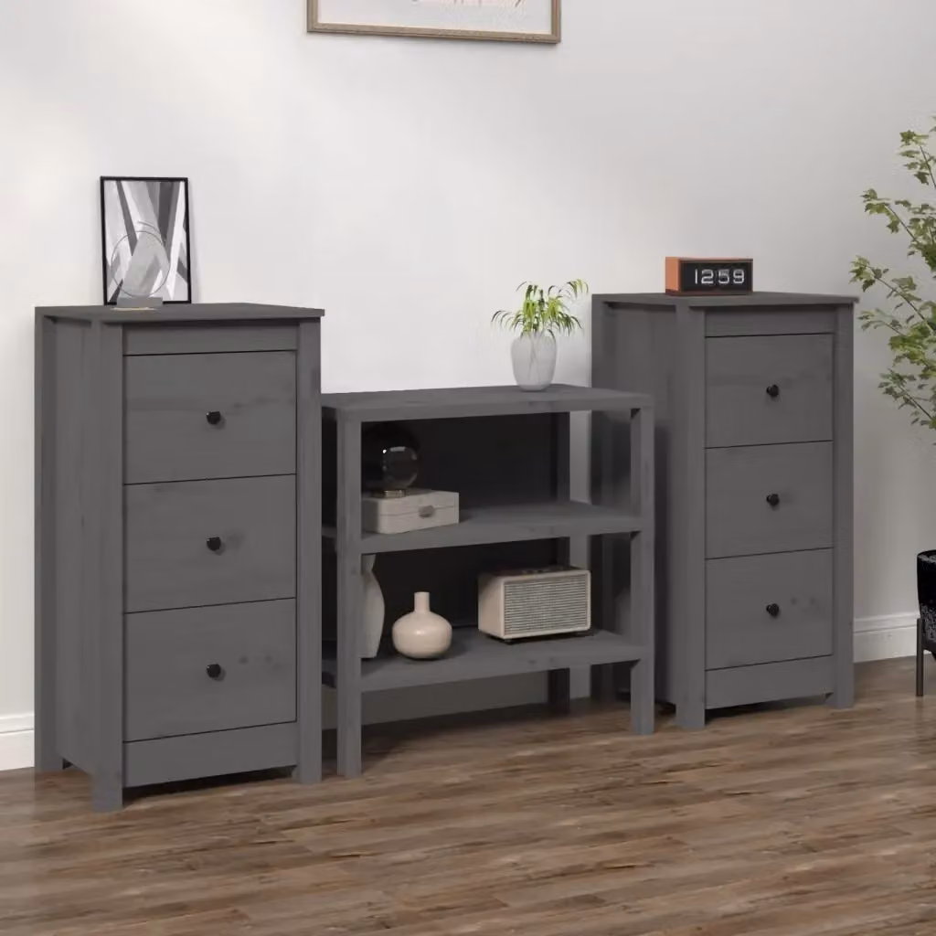 Set di 2 Credenze in Legno Massello di Pino Grigio con Design Rustico L/P/H: 40 x 35 x 80 cm