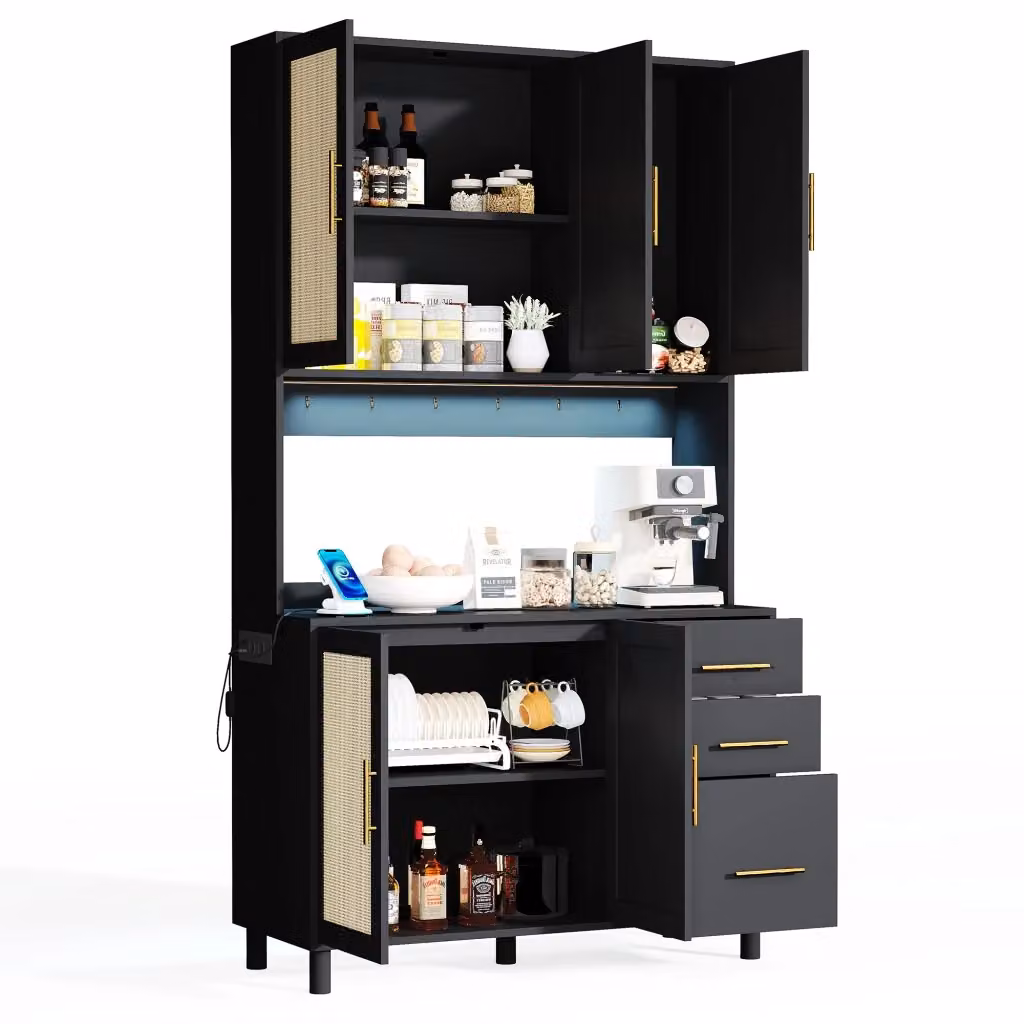 Credenza da cucina moderna con 5 ante, 3 cassetti, illuminazione LED e prese USB in MDF, colore nero e oro – 2