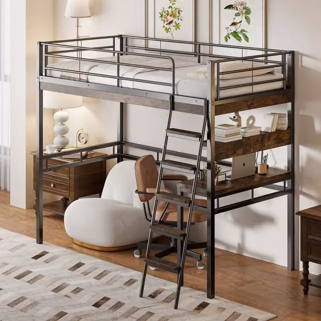 Letto a soppalco in metallo con scrivania e scaffali, 90x200 cm, nero, senza materasso
