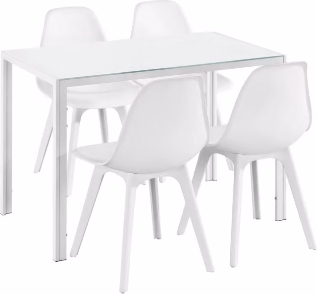 [en.casa] Arredo Sala da Pranzo Set Tavolo Metallo Vetro 105 x 60 x 75 cm con 4 Sedie in Plastica 83 x 54 x 48 cm Bianco