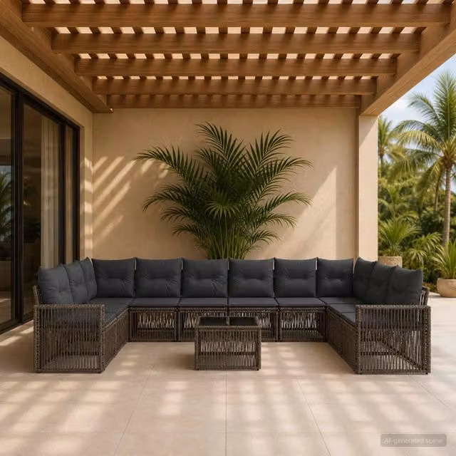 Set Divano da Giardino a Forma di U con Tavolino vidaXL, 11 Pezzi in Polyrattan Grigio e Antracite con Cuscini Imbottiti e Coperture Rimovibili – 1