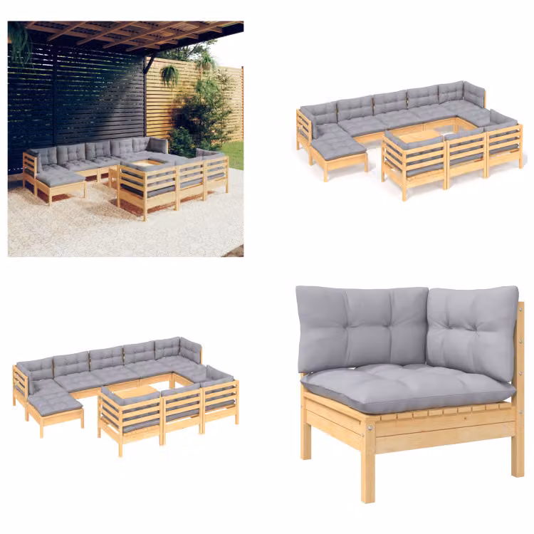 vidaXL set salotto da giardino 11 pezzi con cuscini grigi in pino massiccio - Set salotto da giardino - Set salotto da giardino - Set mobili da giardino - Set mobili da giardino