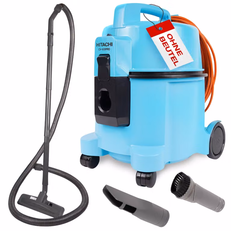 Aspirapolvere Hitachi senza sacchetto CV-400 PRO con filtro HEPA da 7,5 L, azzurro - 880 W, silenzioso (74 dB), raggio d'azione di 13 m, bocchetta per tappeti e accessori - Aspirapolvere professionale
