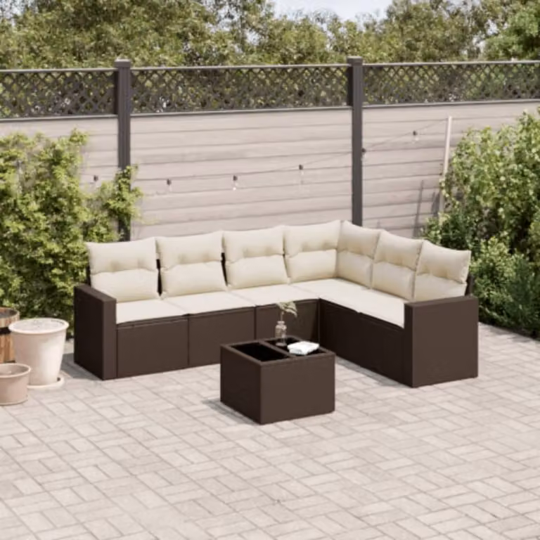 Set di divani da giardino vidaXL in polyrattan marrone con cuscini e tavolino da esterno 7 pezzi