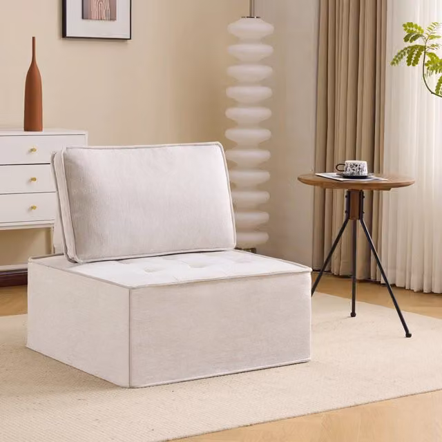 Divano singolo Zephmum beige con poltrona e pouf in tessuto e schiuma