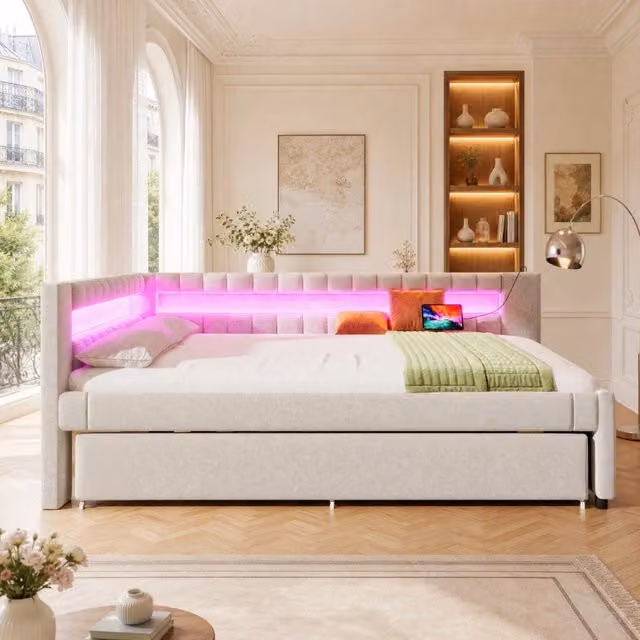 Letto da giorno ULEVR 140x200 cm con letto estraibile, LED, USB e Type-C, rivestimento in lino beige