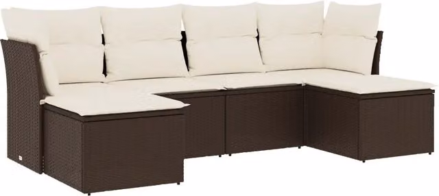 Set Divano da Giardino 6 pz | Set Salotto da Giardino con Cuscini Marrone in Polyrattan