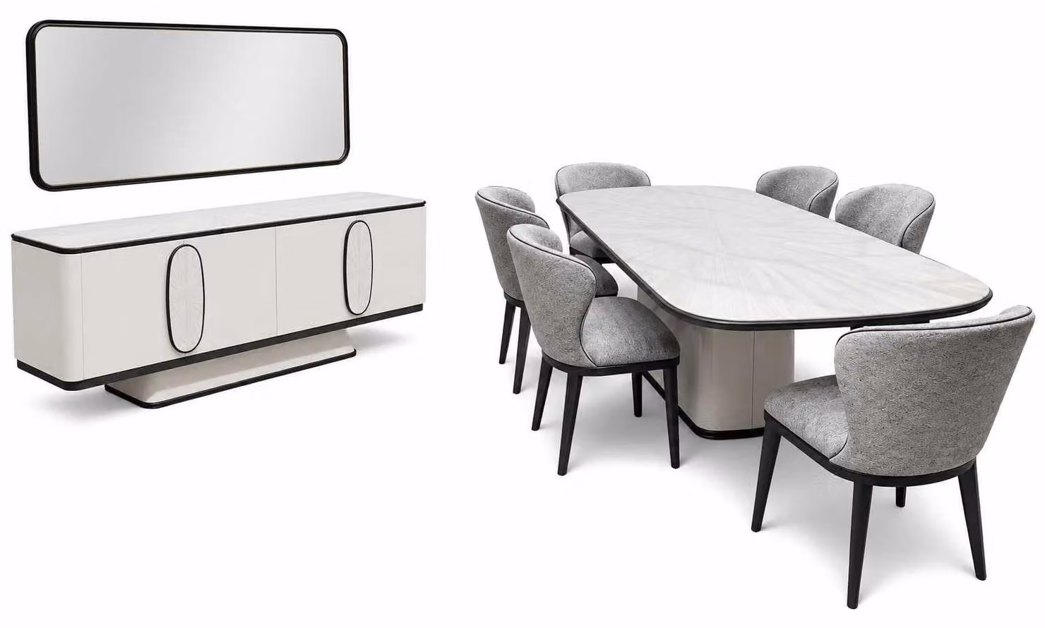 Set completo da pranzo con 6 sedie e credenza da sala da pranzo con specchio