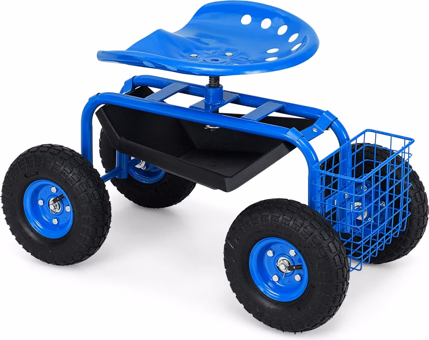 COSTWAY Sedile rotante con ruote, ripiano, cesto e pneumatici larghi in gomma, carrello da giardino in metallo ruotabile a 360° e regolabile in altezza, sedile rotante fino a 150 kg in metallo blu