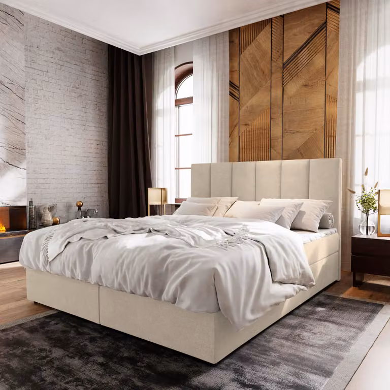 Letto a molle Masseno MERIL 140x200 cm completo di materasso e topper Bonell, letto imbottito con cassettiera -Beige, COSMIC 10