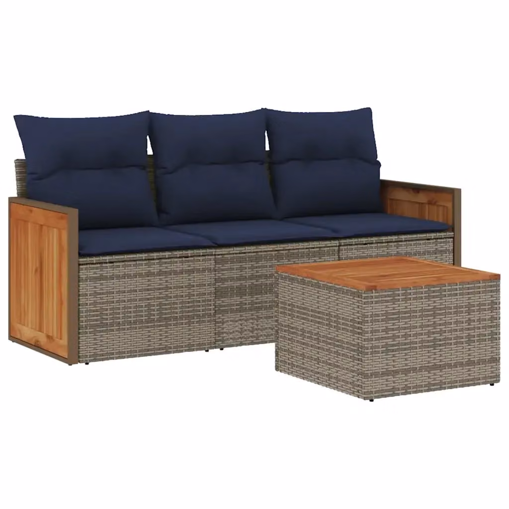 Set di divani da giardino 4 pezzi con cuscini grigi e blu in polyrattan e legno di acacia oliato vidaXL – 2