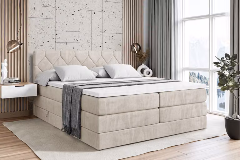 Letto boxspring ALTDECOR con 2 materassi e topper - 120x200 cm - CATOR KING - Velluto beige - Letto imbottito con materassi H3 e H4, contenitore e rete a doghe, letto con spazio contenitivo