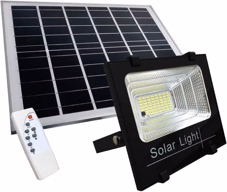 Faretto LED da 100 W con tecnologia SMD, dotato di pannello solare, sensore di luminosità e telecomando