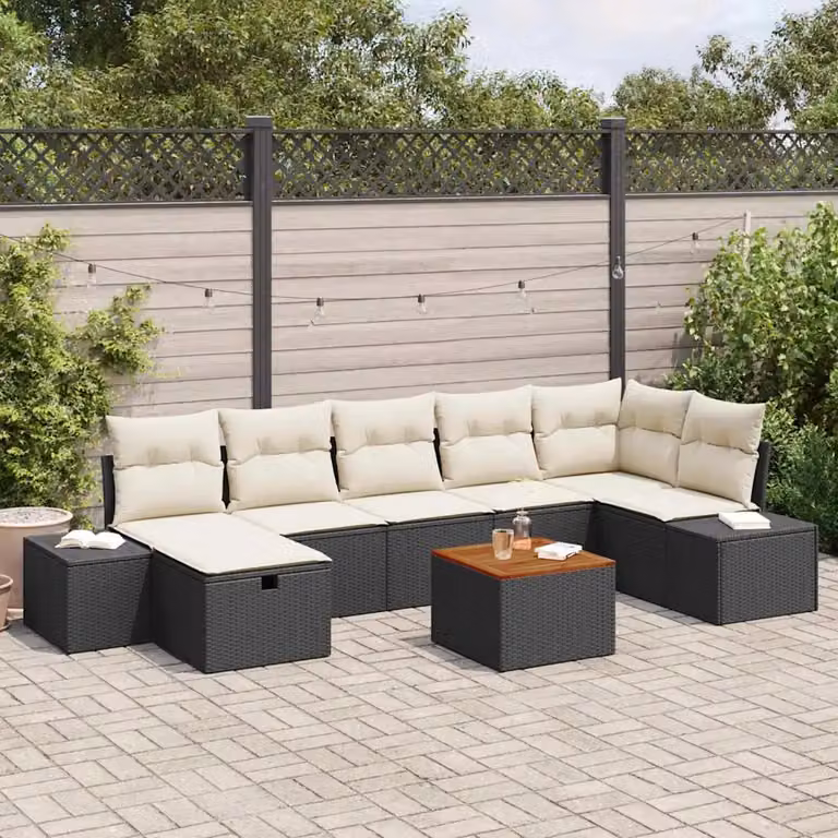 Set Divano da Giardino L-Shape vidaXL Nero 8 Pezzi con Cuscini e Tavolino in Polyrattan e Metallo