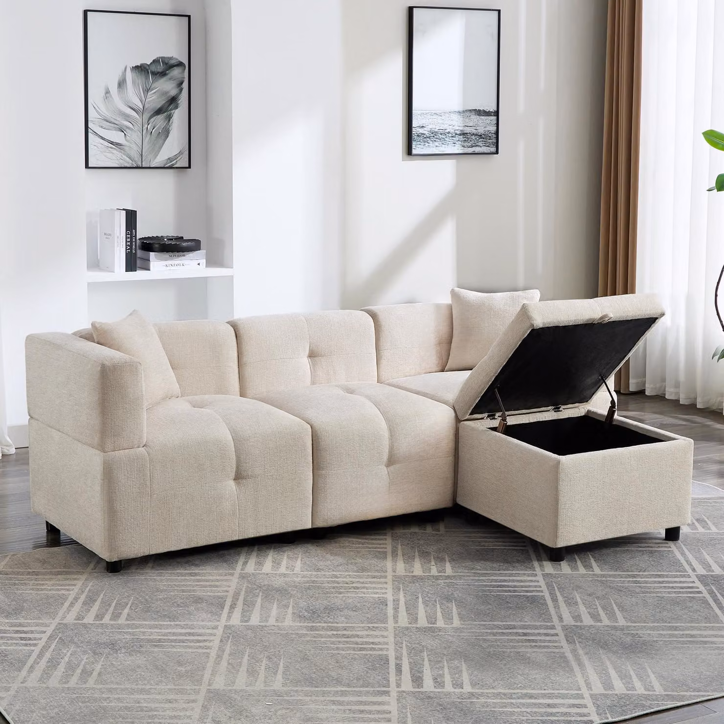 MODFU Divano angolare relax con vano portaoggetti, divano a 3 posti con poggiapiedi rimovibile e 2 cuscini, per soggiorno e ufficio, beige