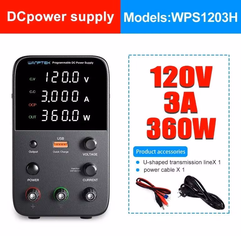 Alimentatore DC-DC - Modello WPS 120V 3A 360W - Tensione di uscita regolabile da 0 a 120V - Protezione da sovracorrente (OCP) - Uscita singola - Spina EU da 220V