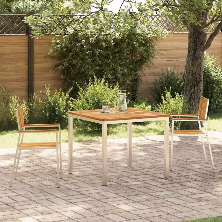 Set da pranzo per esterni vidaXL in legno di acacia e acciaio inossidabile, 3 pezzi, marrone e argento, L/P/H: 90 x 90 x 75 cm