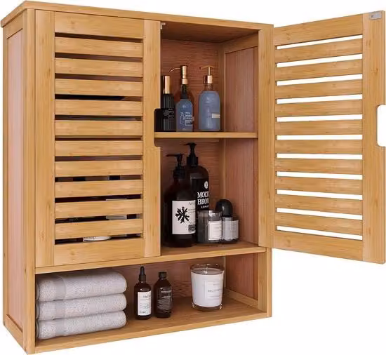 Organizzatore di stoccaggio per bagno a muro, con 2 porte e pannelli regolabili in legno naturale