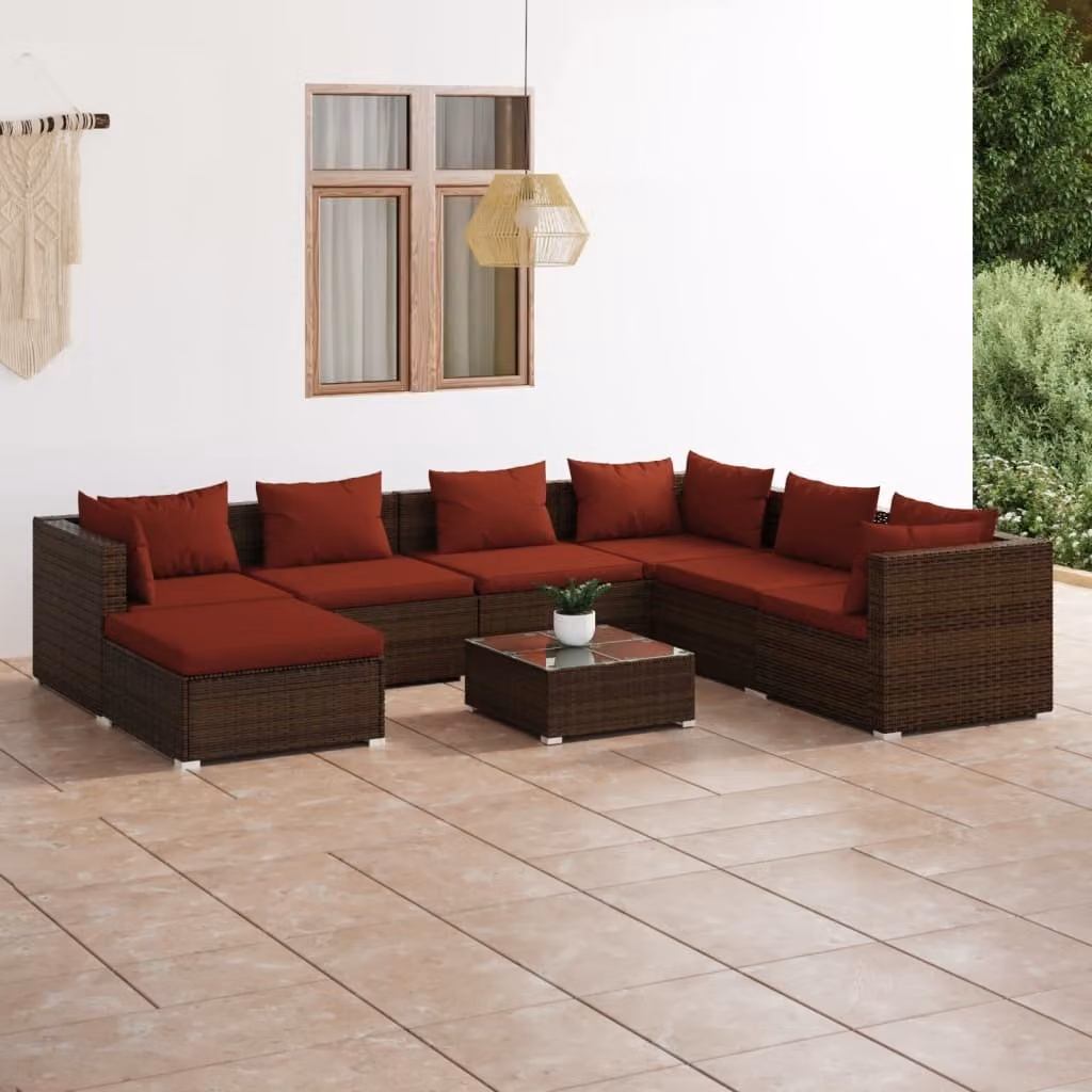 The Living Store Set salotto da giardino 8 pezzi con cuscini in poly rattan marrone